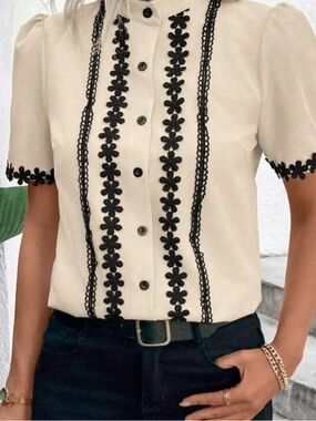 Cream Button-Front Blouse with Black Floral Trim